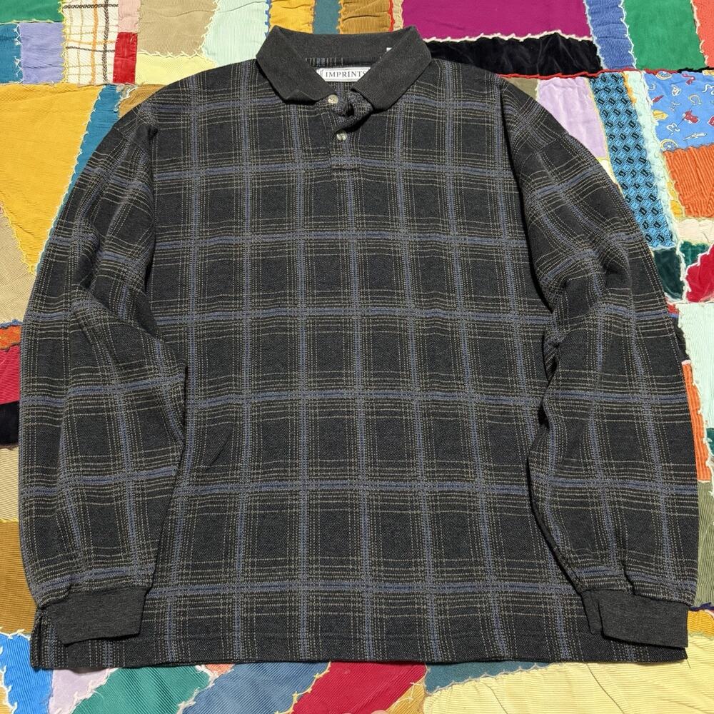 Vintage Imprints Grey with Blue Plaided Long Sleeve Polo Shirt Large